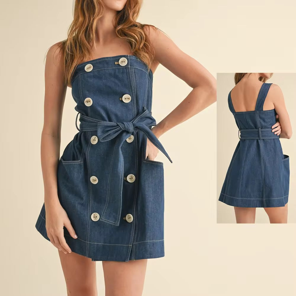 new arrivalfashion denim silm mid-waist strap suspender button dress backlesssexy