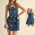 new arrivalfashion denim silm mid-waist strap suspender button dress backlesssexy