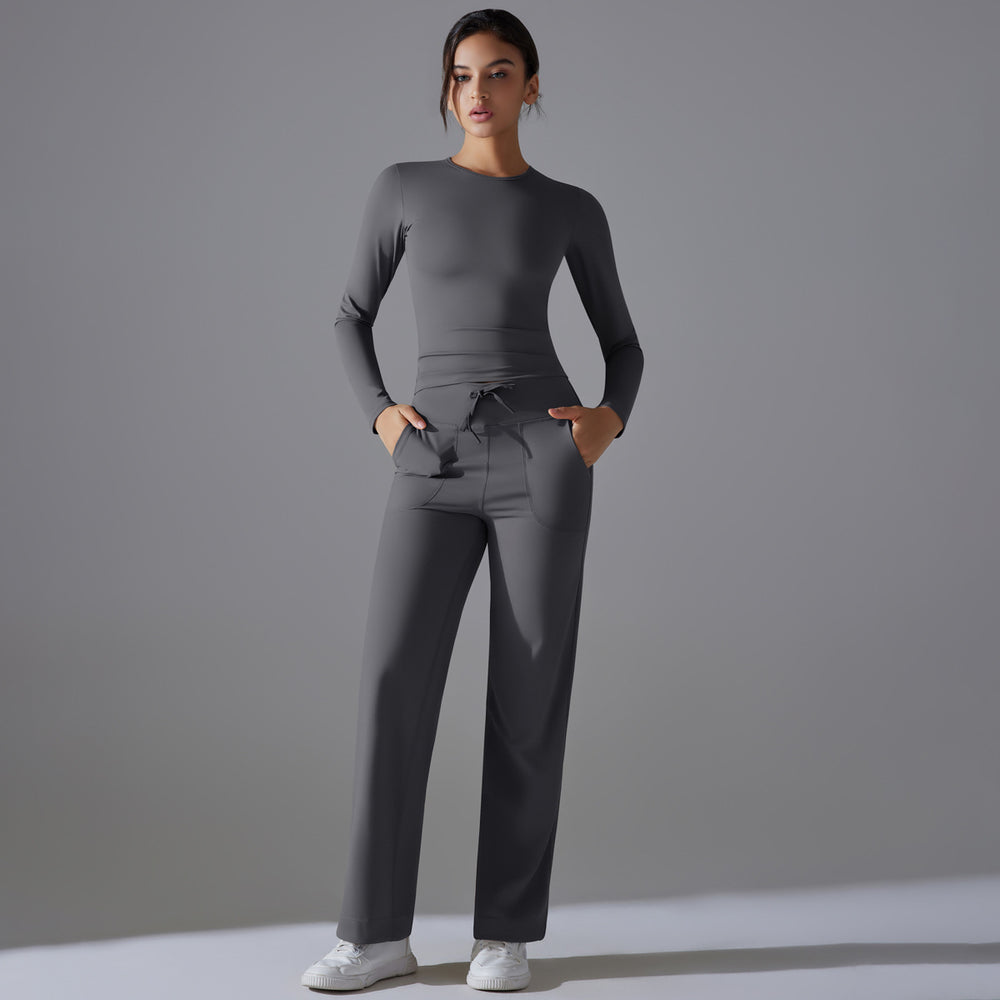 double-sided nylon pure colorlonglong sleeves yoga suit suithigh waist wide leg sports running fitness two-piece set