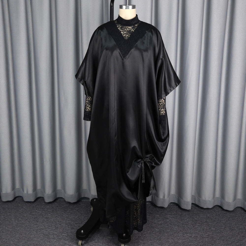 African loose robe dress suit lacedress lined with v neck bat sleeve large swing skirt bubu dress