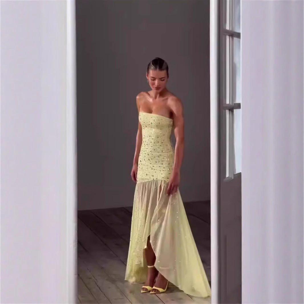 25 European and American style hot drill irregular split mesh splicing dress Spice girl temperament design sense tube top dress skirt