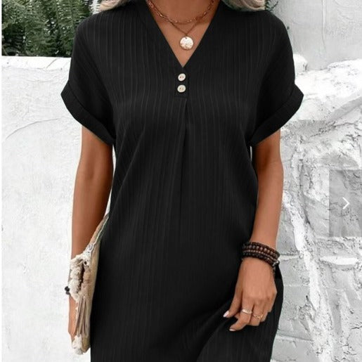 Cross-border European and American women's clothing 2025 new  V-neck solid color pullover button dress loose European and American style