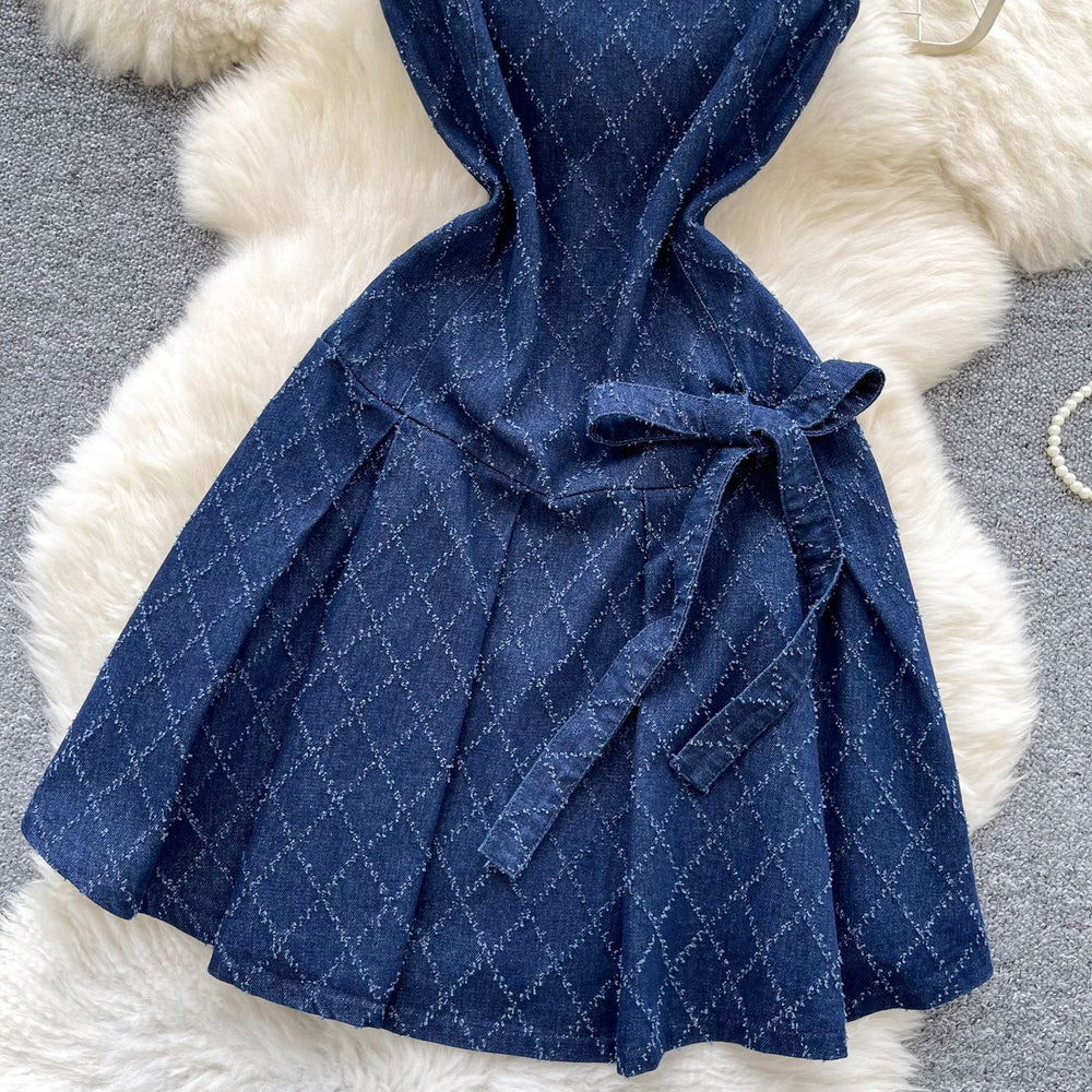 Denim dress women's  summer sense of design niche stylebows straps waist round neck sleeveless vest short skirt