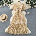 French floral v-neck dress - women's summer  collection: round neck, short sleeve, slim fit, ruffle hem, elegant maxi dress