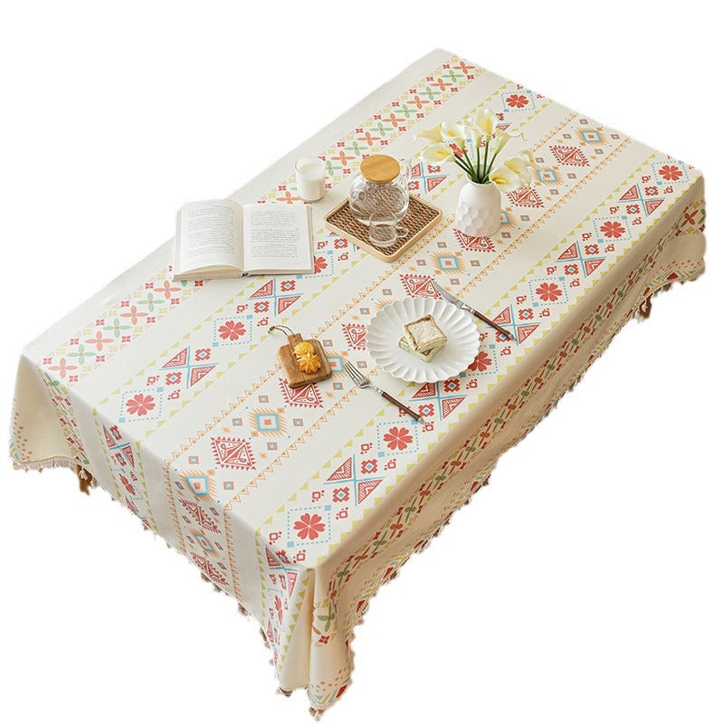 Bohemian nordic style tablecloth - cotton linen, no-wash, ethnic design, rectangular with tassels, camping tablecloth, waterproof and oil-resistant