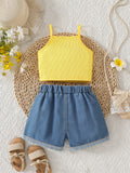 cross-border girls' country style 3d floral camisole top + embroidered denim shorts set