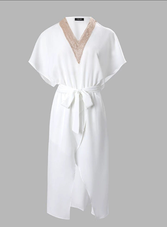 european and american summer fashion trend: mature women's lace-trimmed v-neck tie-up slit casual dress