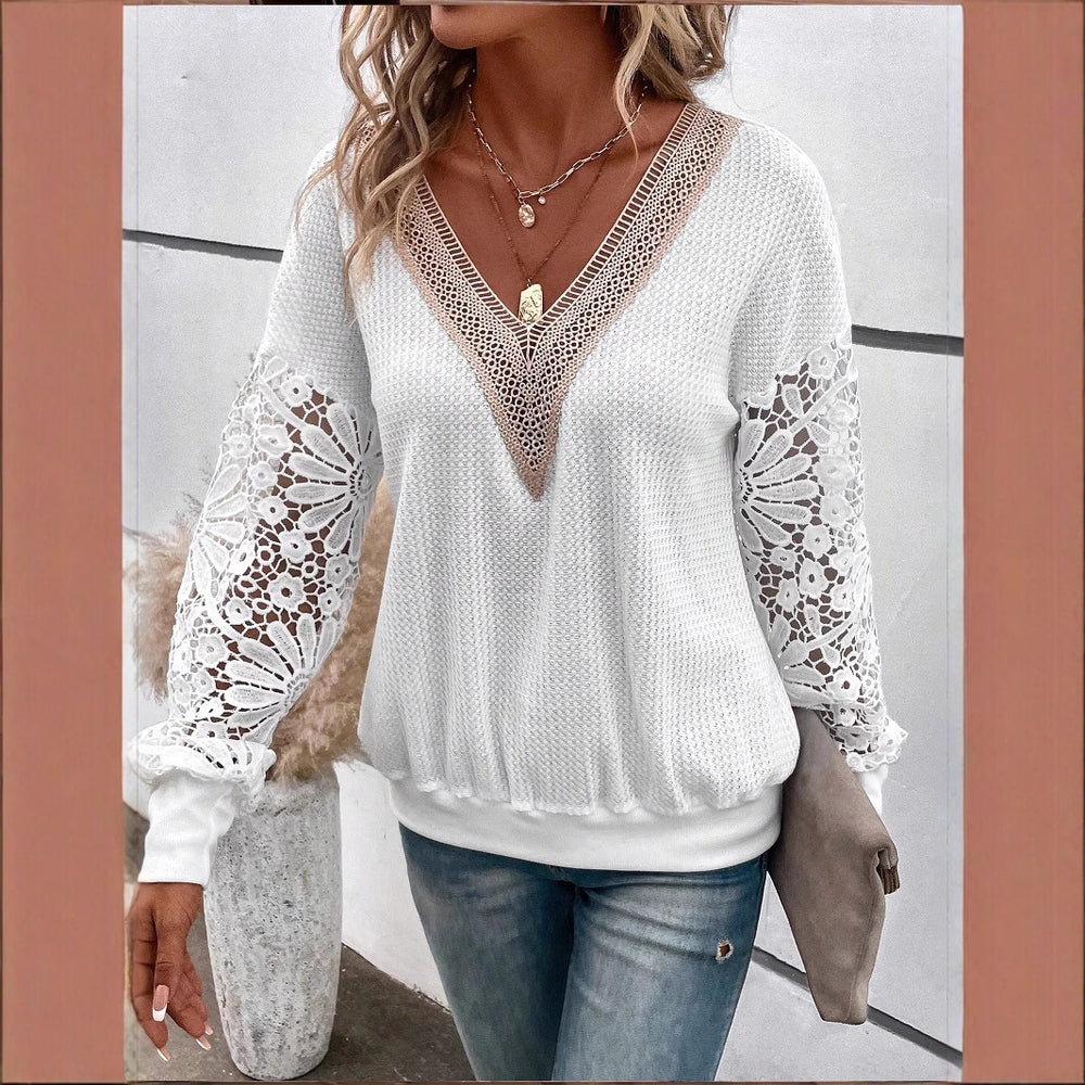 Amazon cross-border new autumn women's long-sleeved v-neck patchwork hollow-out lace see-through casual t-shirt