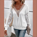 Amazon cross-border new autumn women's long-sleeved v-neck patchwork hollow-out lace see-through casual t-shirt