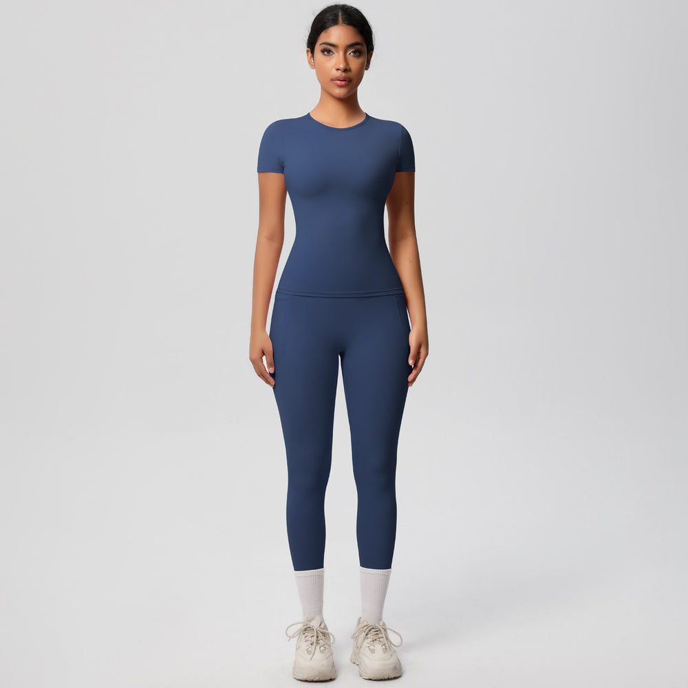 European and american solid color nude feel brushed short-sleeve yoga top and high-waisted butt-lifting fitness leggings quick-dry running workout set