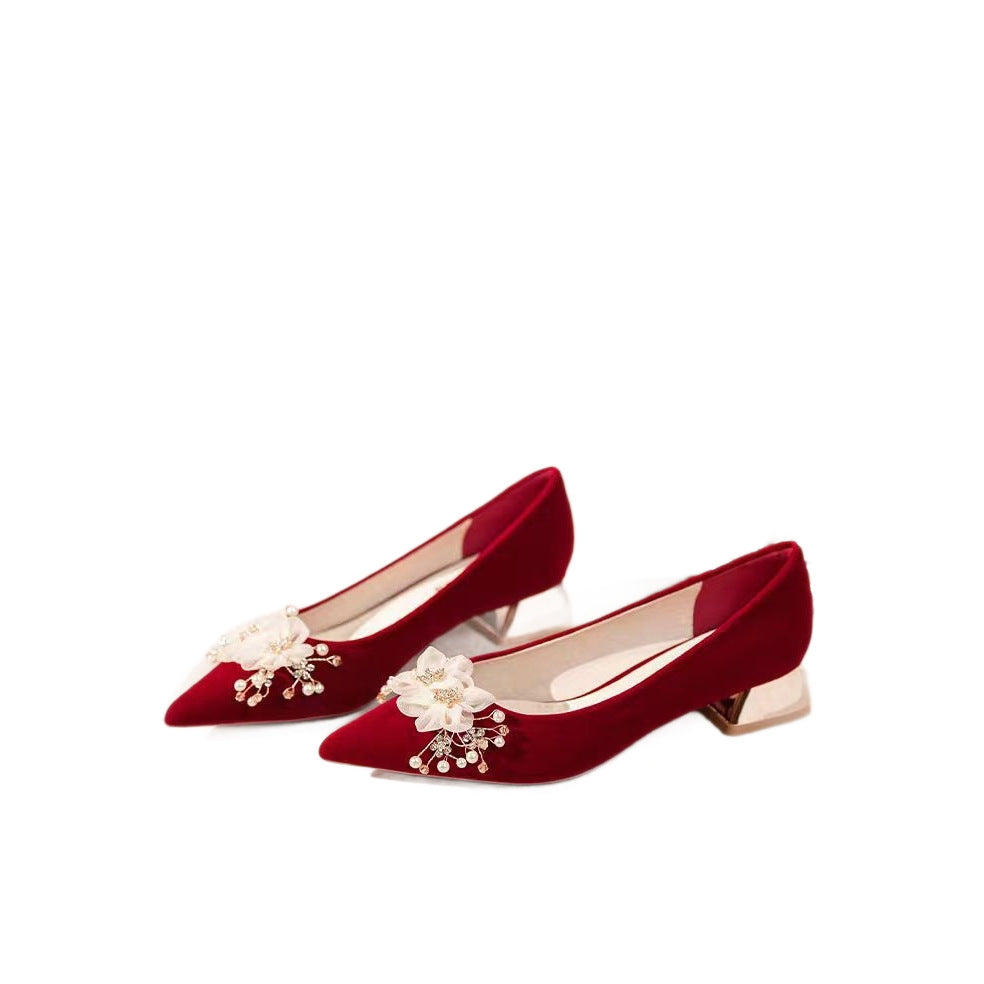 2025 new bridal shoes - red high heels, show-hé style wedding shoes, convertible pearl & floral design, perfect for wedding banquets