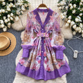 French spring dress women's  new retro suit collar long sleeve waist single breasted printing a line skirt