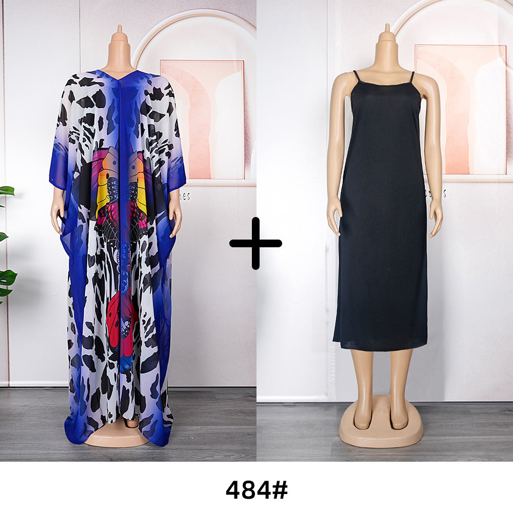 African women's plus size printed holiday beach dress loose sun protection robe  chiffon dress two-piece set