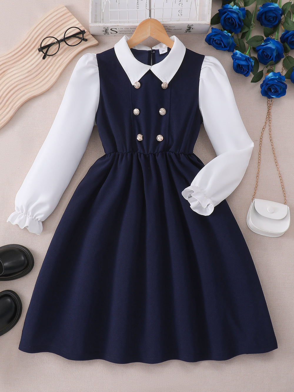 Girls' (mid-to-large size) dress, button-down collar, faux two-piece long sleeve dress