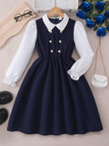 Girls' (mid-to-large size) dress, button-down collar, faux two-piece long sleeve dress