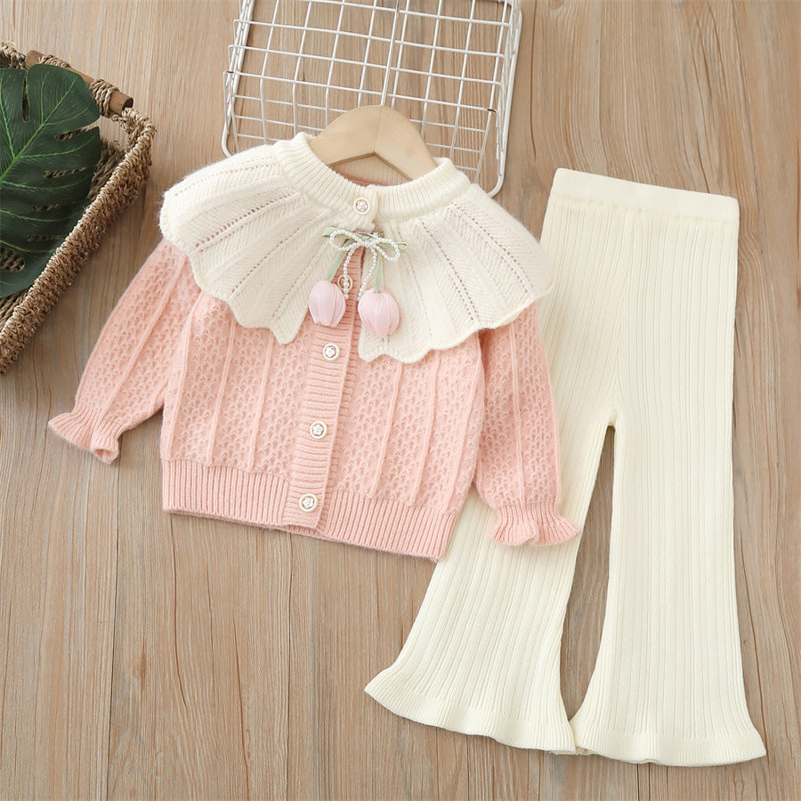 Girls' knitted sweater two-piece set -  autumn/winter new collection - handmade floral pants set for baby girls