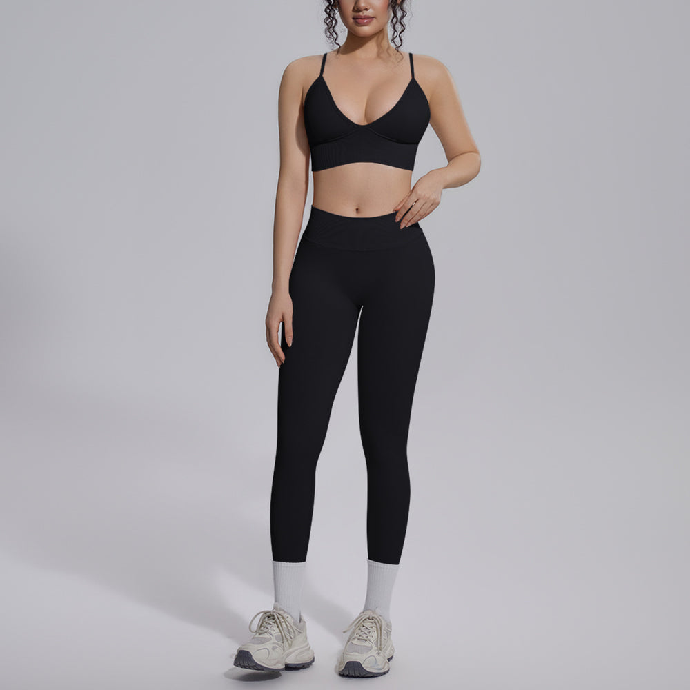 seamless pure color high waist beautiful back tight breathable high elastic yoga suit sports running fitness two-piece set