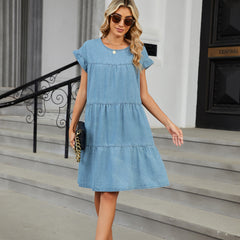 Fashion cross-border export women's summer new arrivalpure color pullover round neck denim skirt loosecasual style dress trendy