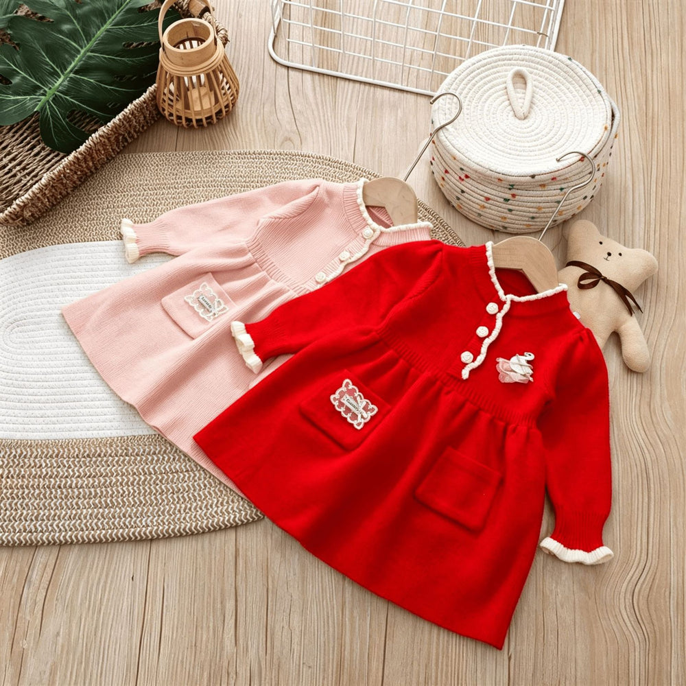 Girls' knit dress - new autumn/winter  collection - kids' lace collar knitted dress - baby red princess dress