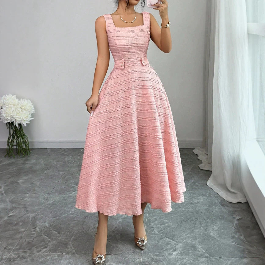summer new arrival: elegant pink crew neck sleeveless knit dress with rhinestone button accents and openwork crochet detail