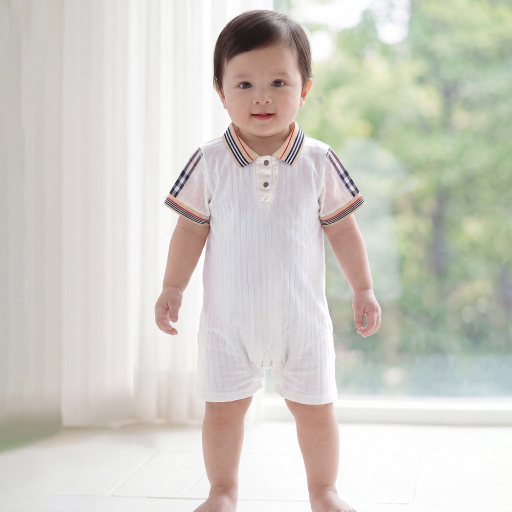 Infant & toddler  new style chic baby plaid smiley face snap-closure short-sleeve turn-down collar romper - summer all-cotton bodysuit