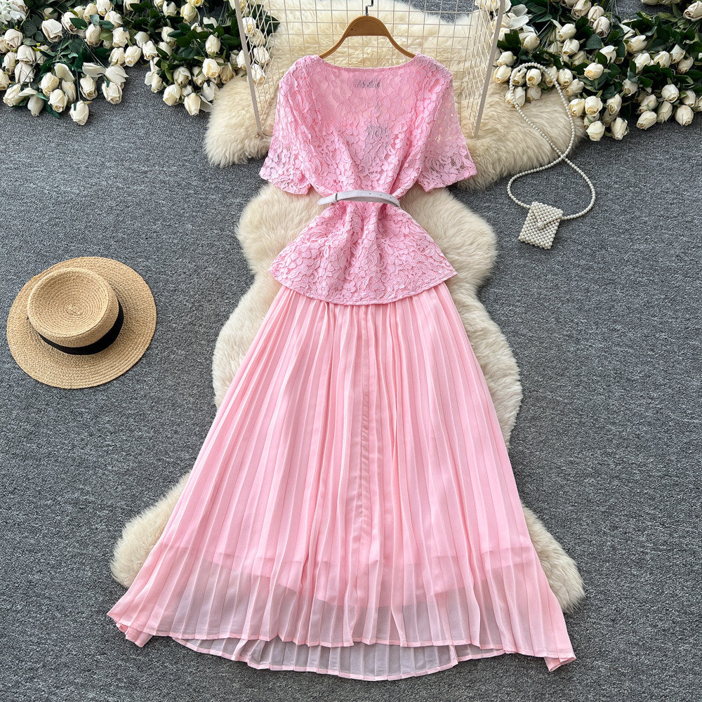 Xiaoxiangfeng pink socialite style lacedress female summerk-stylev neck waist pleated long skirt eleganceslimming look