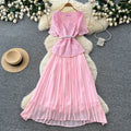 Xiaoxiangfeng pink socialite style lacedress female summerk-stylev neck waist pleated long skirt eleganceslimming look