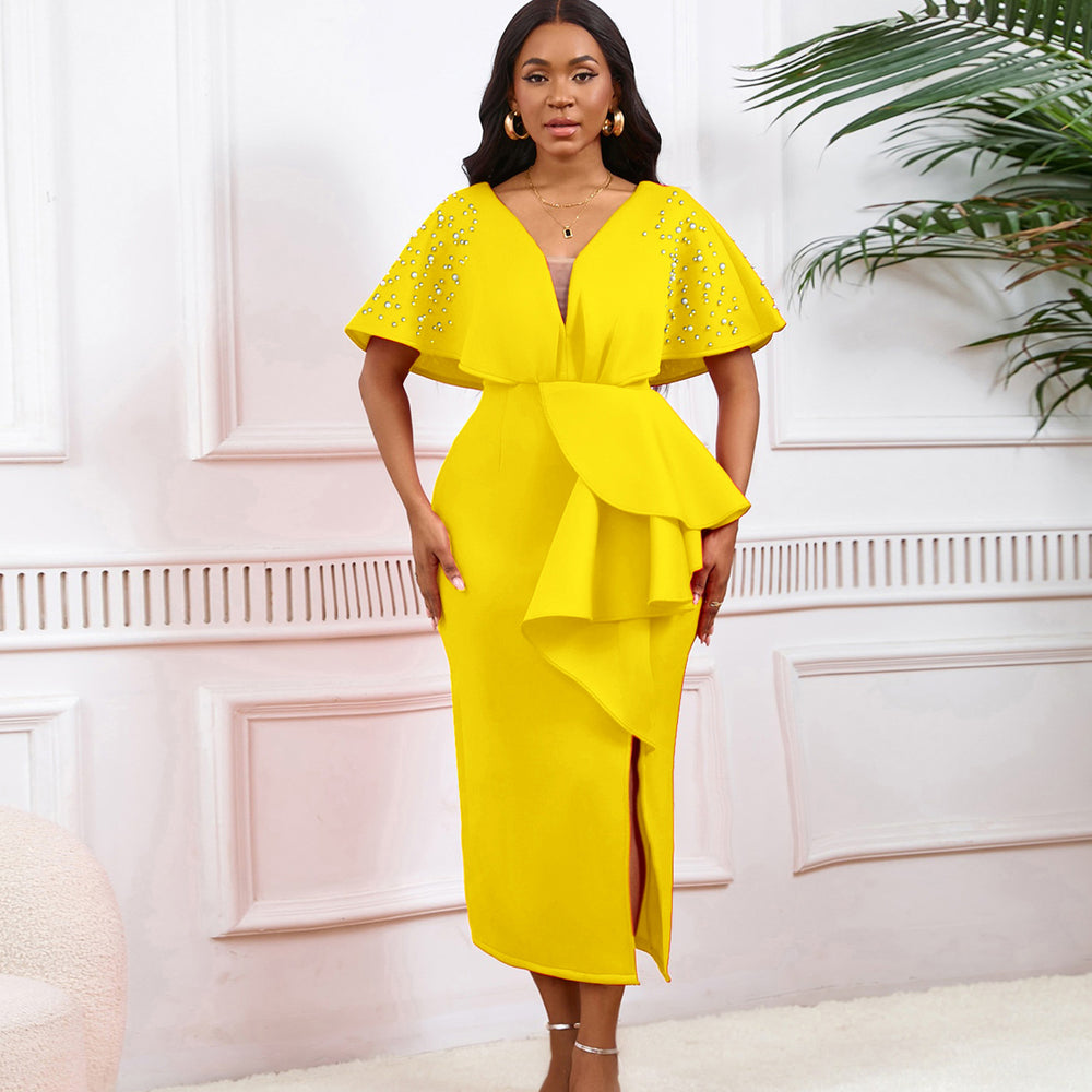 D516  summer sexy v-neck ruffle slit beaded evening gown - elegant socialite style banquet dress