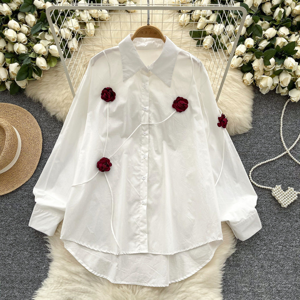 Frenchniche stylesense of designstereoflowersshirtfemaleautumlooseslimming lookfashionable age reduction chicaccessible luxurytops
