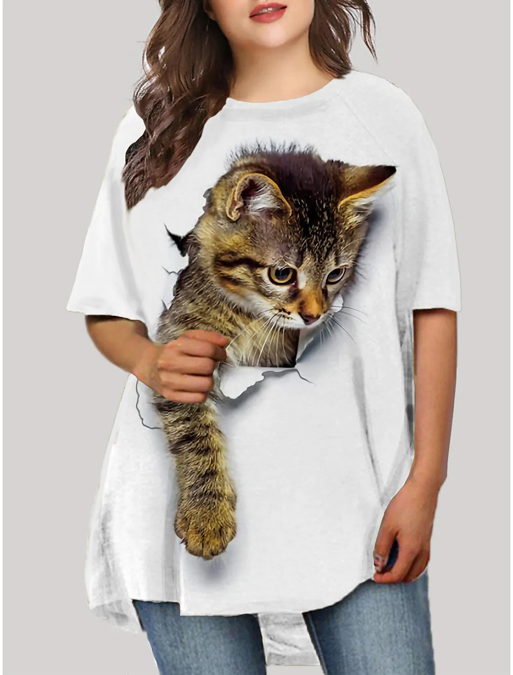 cross-border   plus size women's cute cat 3d digital print short sleeve loose crew neck t-shirt