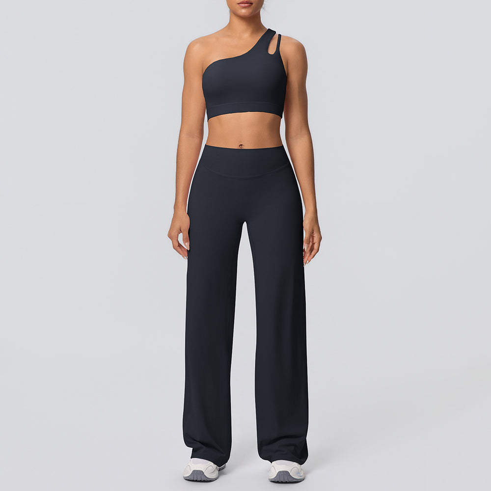 Cloud-feel casual one-shoulder racerback high-waisted butt-lifting straight-leg wide-leg activewear yoga set for women - perfect for outdoor running and fitness