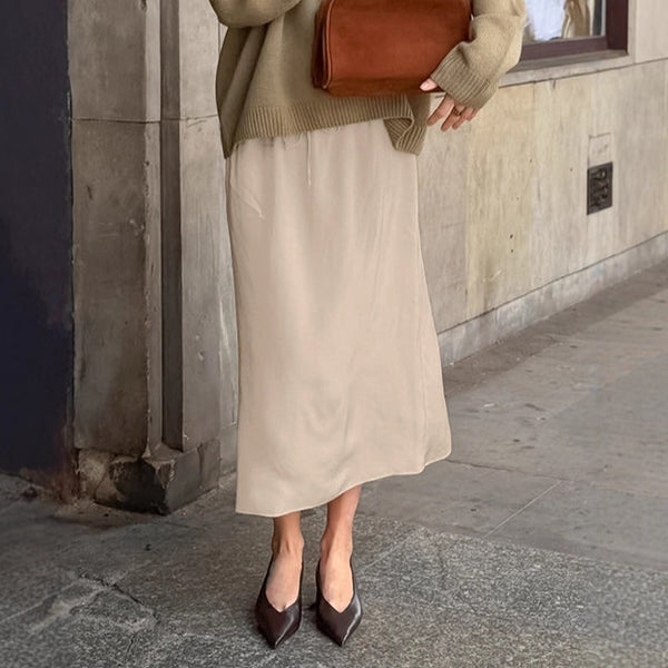 European and American simple drape solid color skirt women's  new high waist thin lazy casual versatile A-shaped skirt