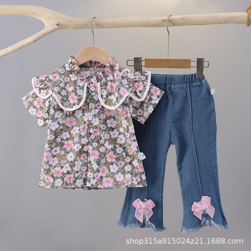 Summer floral dress set for 0-4 year old baby girls - single-breasted skirt, short-sleeve children's summer outfit