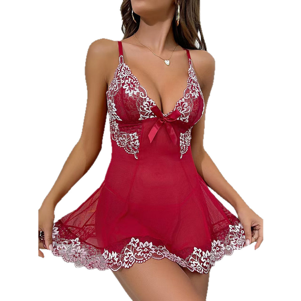 foreign trade sexy lingerie sexy women's suspender mesh see-through bow nightgown lace backless flirting suit