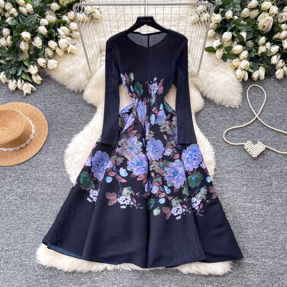 French romantic style printed stretch dress - women's summer long sleeve slim fit a-line dress - high-end commute dress
