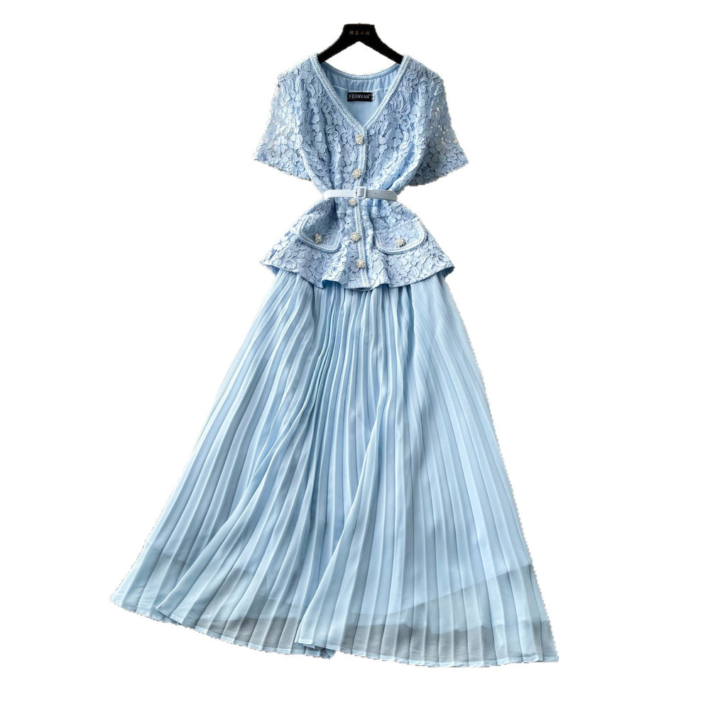 Xiaoxiangfenglaceheavy industrypatchworkpleated dress colorsummerv neck waist pleated long skirteleganceslimming look