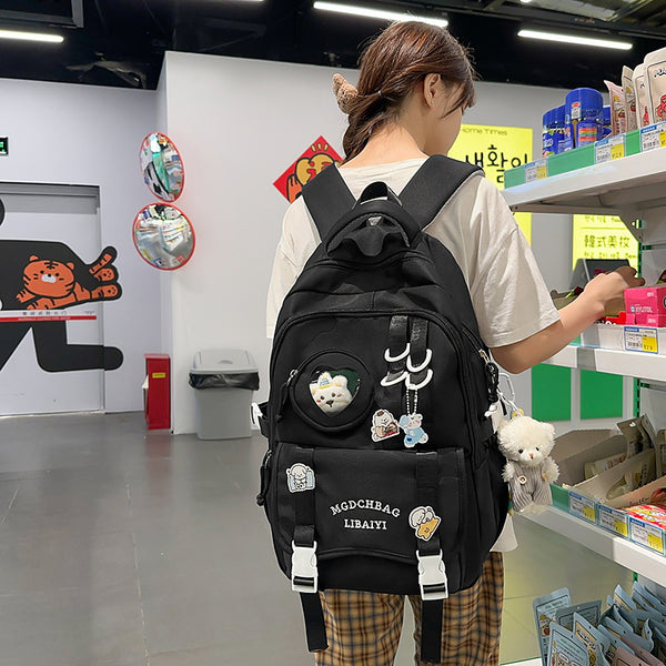 高颜值书包女大学生新款时尚拼色透明背包可爱初中生大容量双肩包