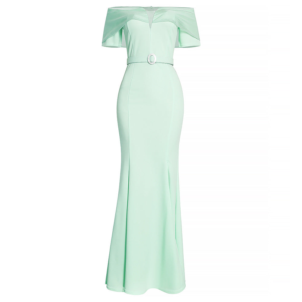 African foreign trade   women's plus size mesh off-the-shoulder ol commute sexy slit dress