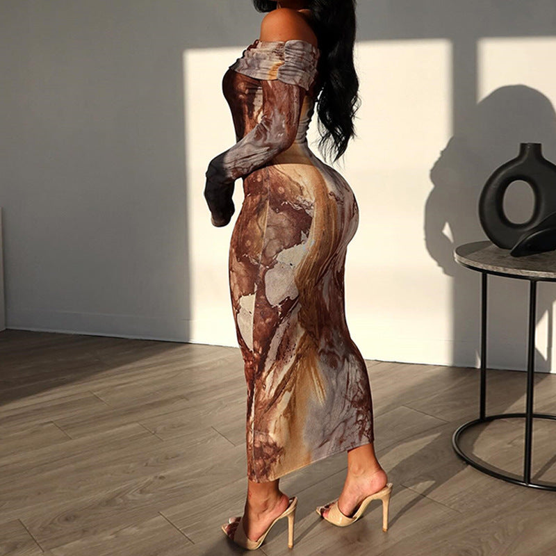 European and american style ins foreign trade women's retro fashion printed one-shoulder long sleeve one-step dress trendy 3d print