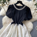 Ladies style black waist a-line dress women's summer playful short-sleeved diamond collar contrast colorslimming look age-reducing skirt