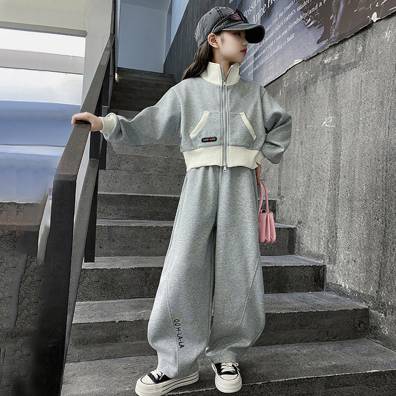 autumnew arrivalgirlsuitautum clothingchildrenk-style stand collar spring & falloutwearloose pantssuit