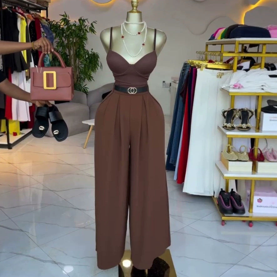 European and american cross-border women's fashion  summer new sexy elegant sleeveless bodysuit wide-leg pants fashion set