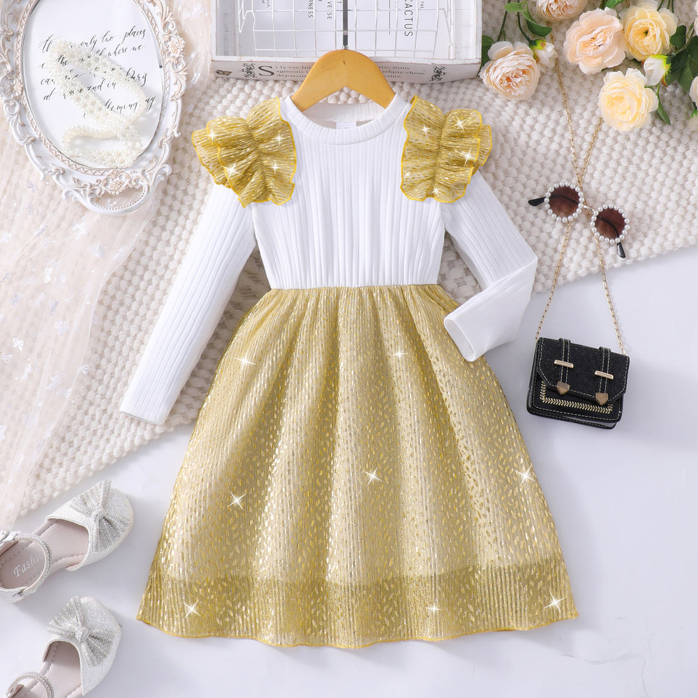 Girls' dress, ruffle sleeve ribbed knit cutout patchwork dress
