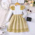 Girls' dress, ruffle sleeve ribbed knit cutout patchwork dress