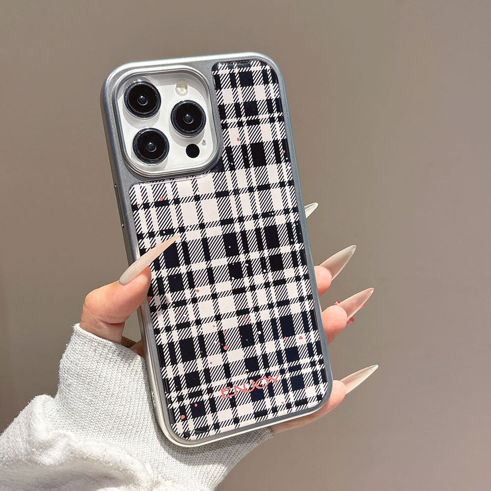 Black and white checkered iphone 17 pro max electroplated shockproof phone case, apple 16 silver edge drip glue protective cover