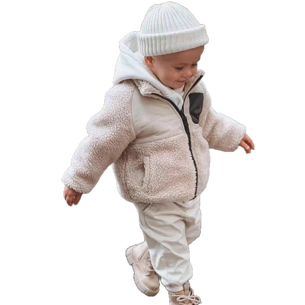 Girls' winter cotton-padded coat: loose-fit, lambswool trim, fleece-lined sweatshirt, unisex thickened warm outerwear