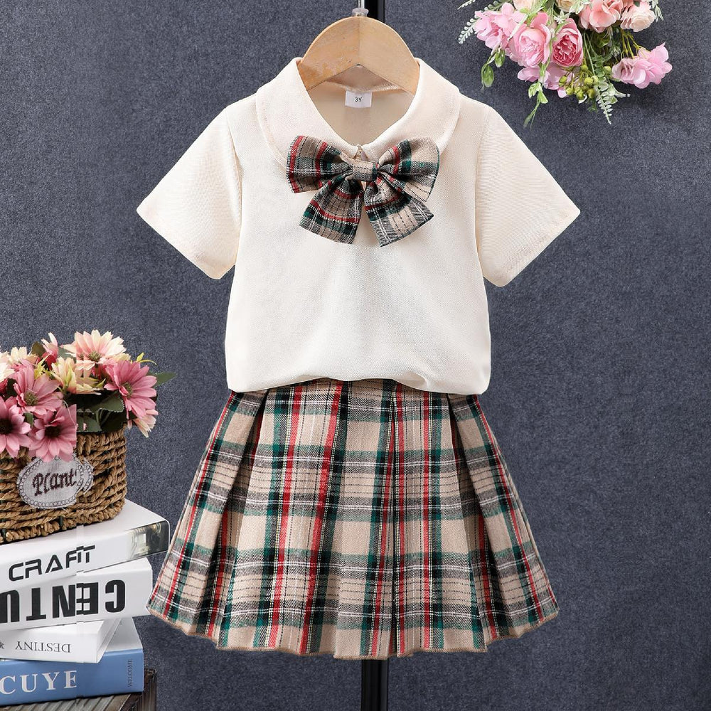Children's short-sleeved bow plaid shorts suit
