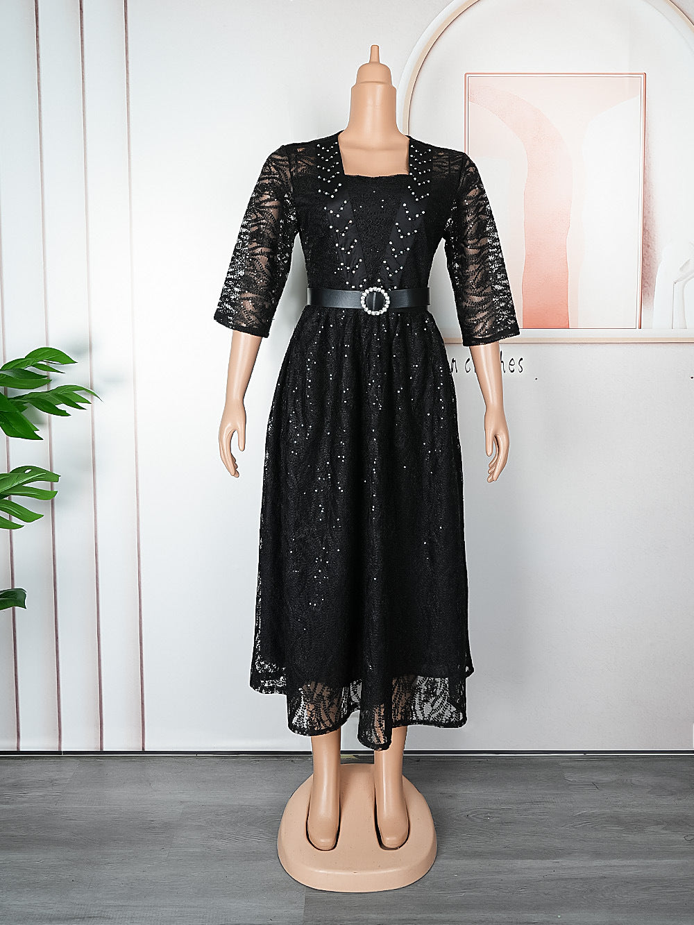 African clothing plus size women's lace rhinestone a-line dress  high waist evening gown dress with belt