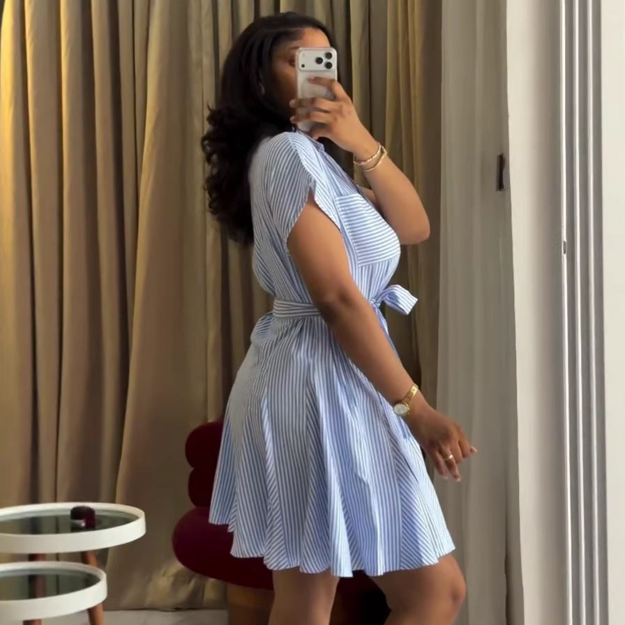European and american cross-border women's fashion  summer new arrival: elegant notch collar striped cinched waist tie-waist short sleeve shirt dress