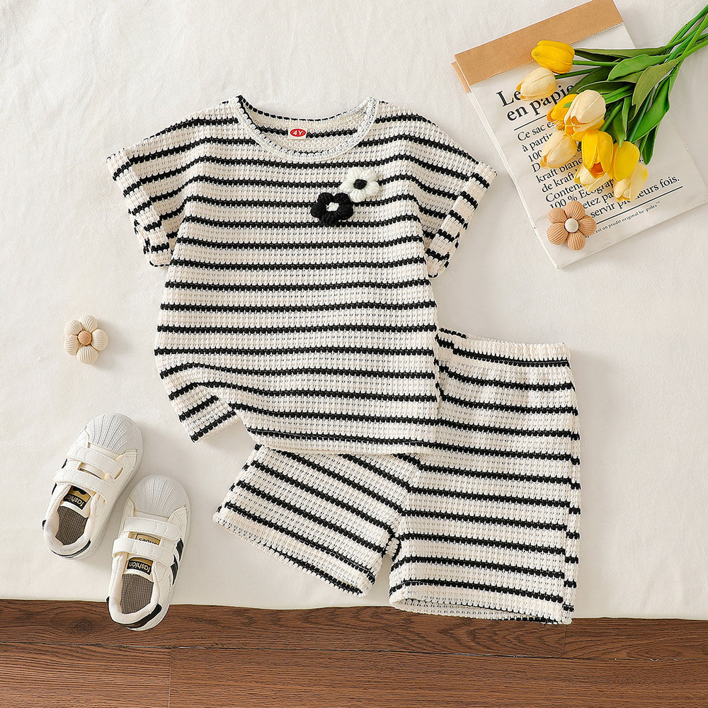 summer new arrival: cross-border e-commerce striped textured knitted casual pants two-piece set for kids